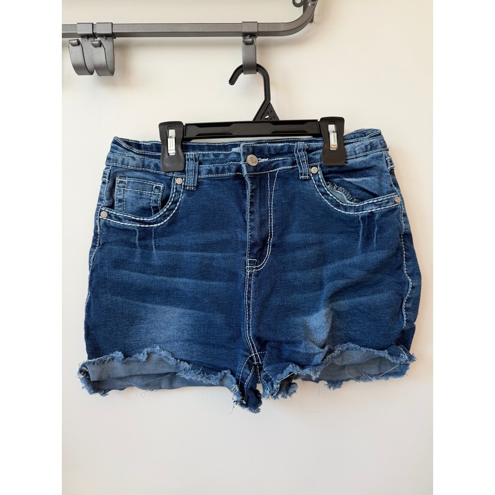 Bamboo Women Dark Wash Denim Shorts High Rise Frayed Hem Contrast Stitch Size 13